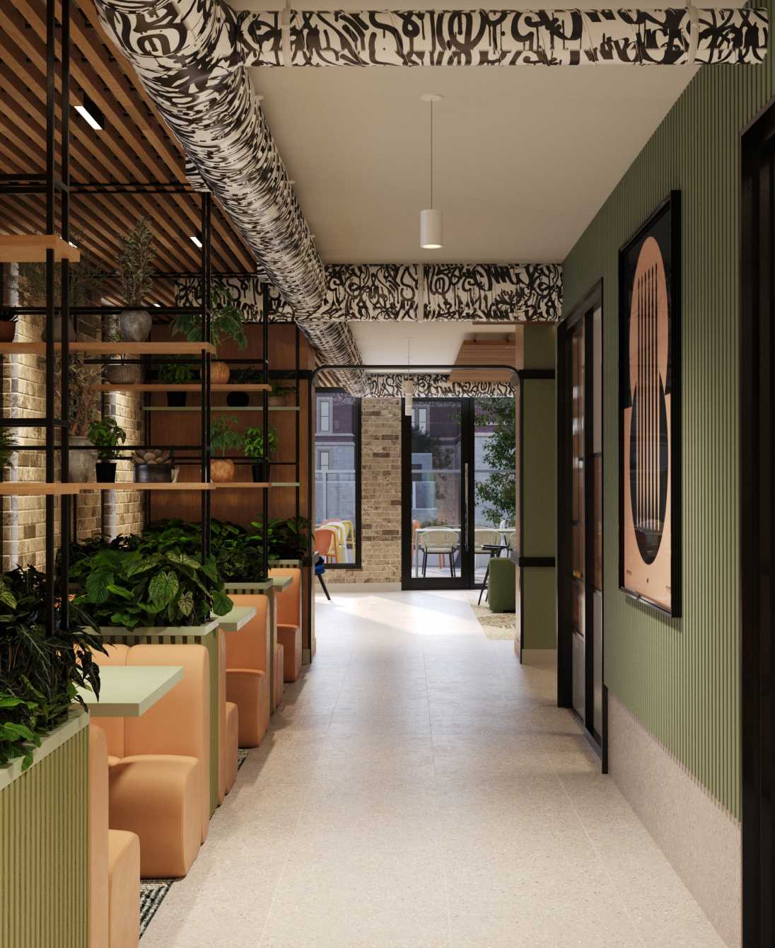 A lobby hallway with green walls