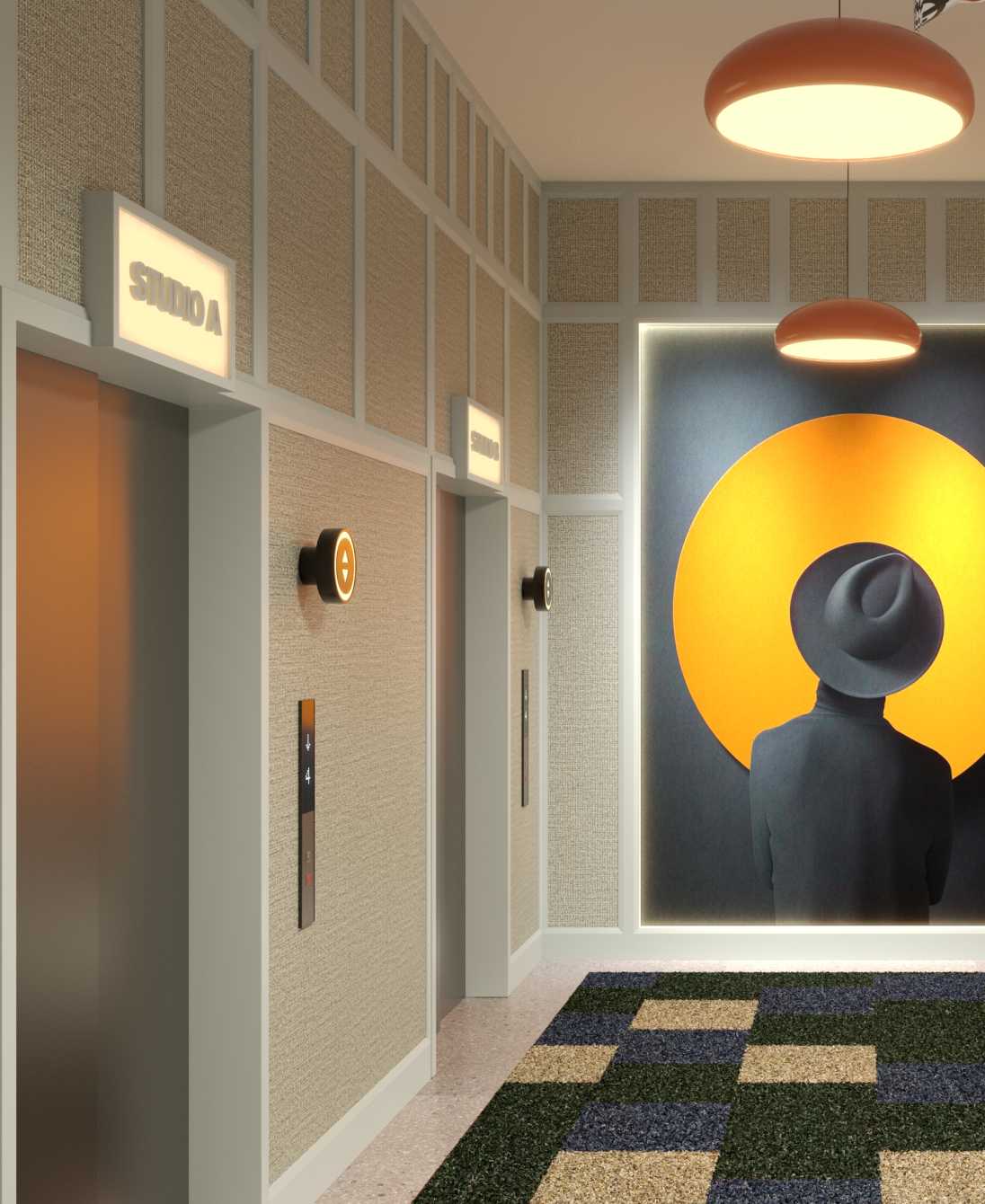 A lobby with a mural of a man