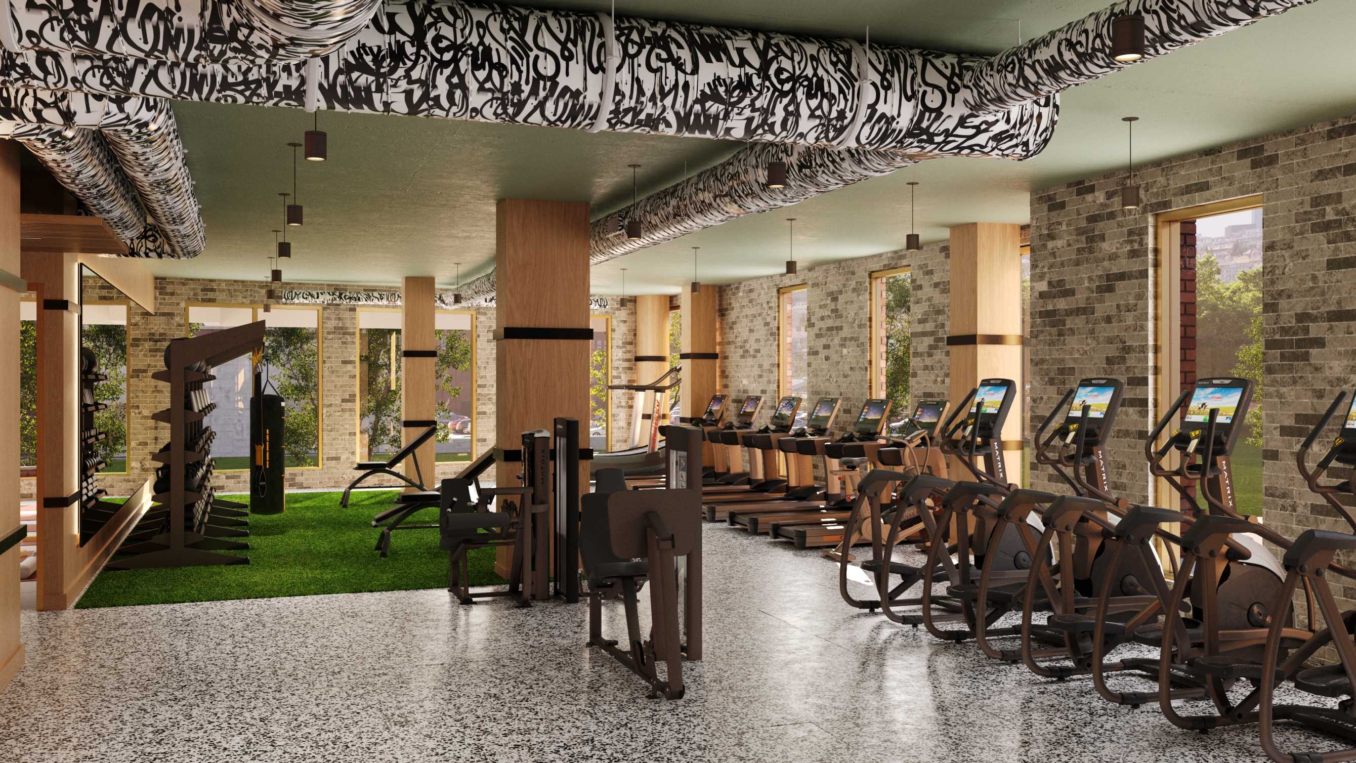 A fitness center with cardio equipment