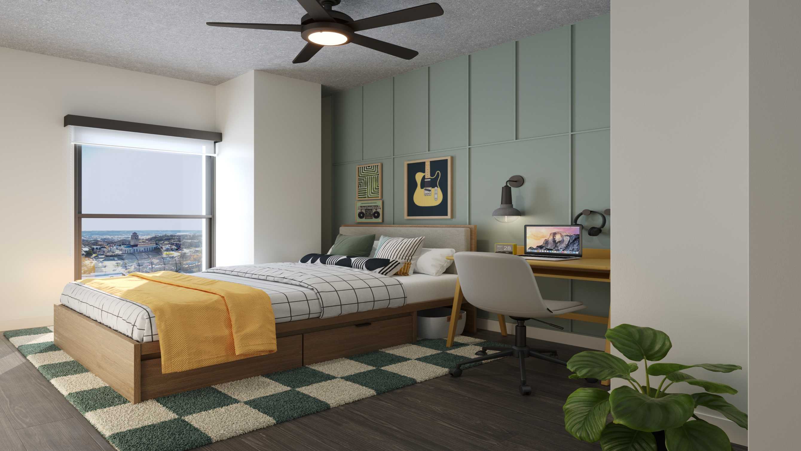 An apartment bedroom with a bed and a desk