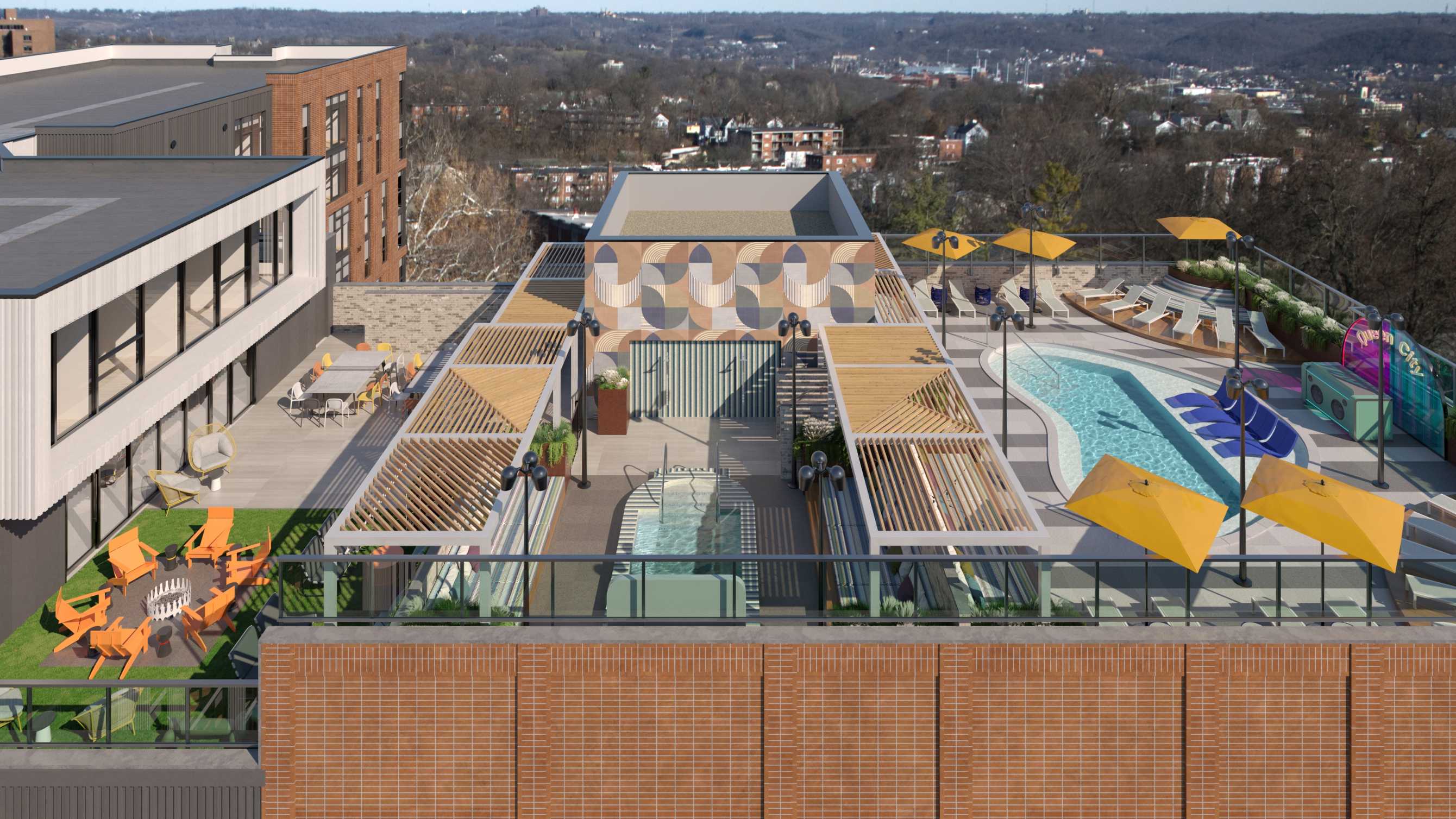 A rooftop with a swimming pool