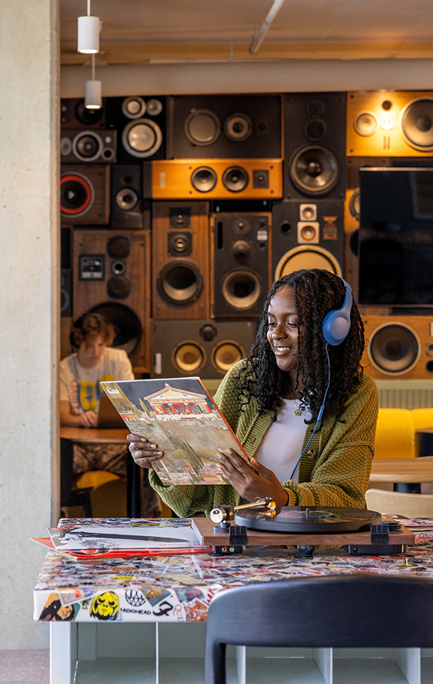 a woman listening to music