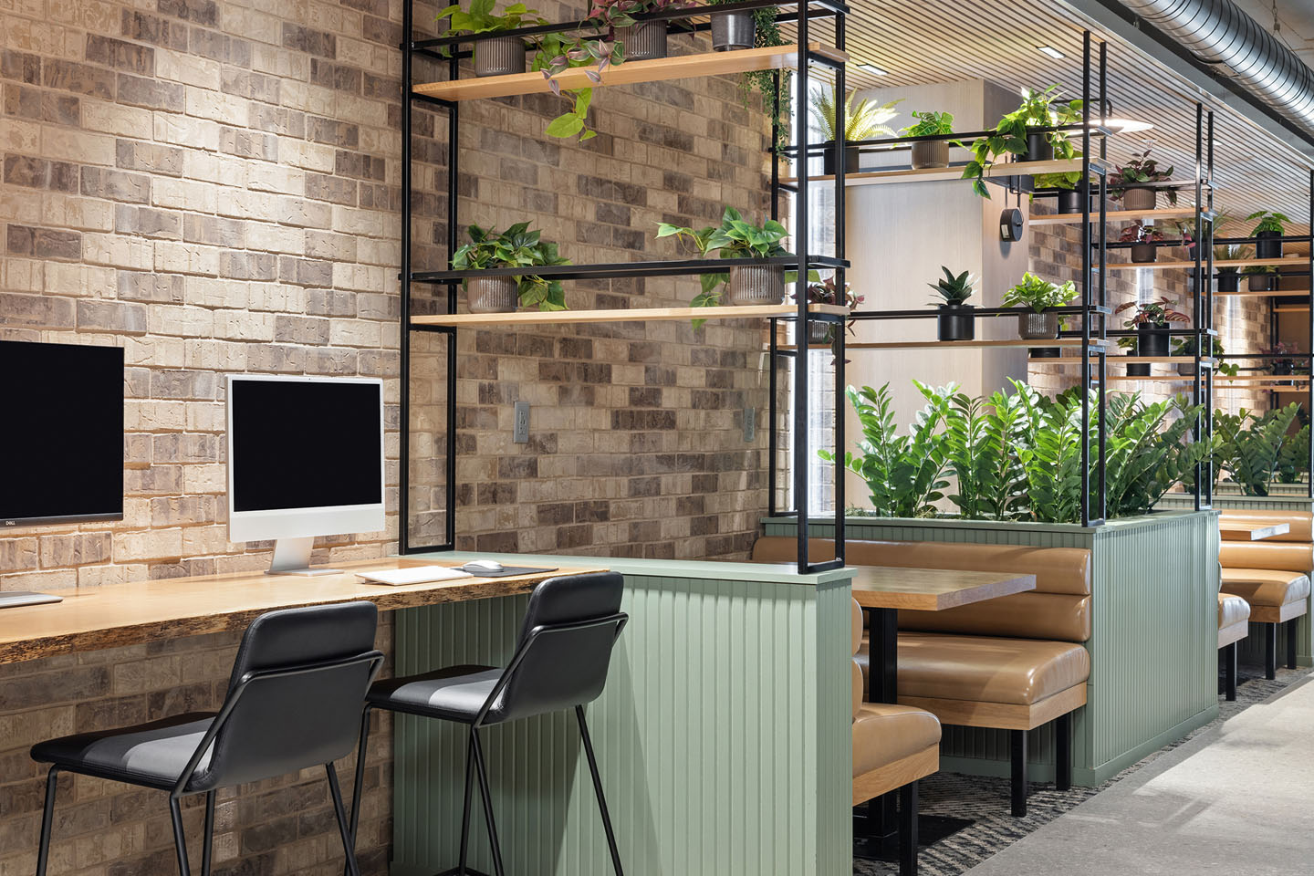 Mac computer with nearby booth seating, plants, and shelving.